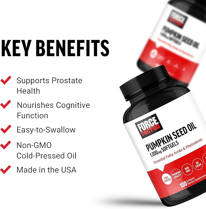 FORCE FACTOR Pumpkin Seed Oil Capsules, Phytosterols Supplement with Essential Fatty Acids, Made with Cold Pressed Pumpkin Oil, Premium Quality, Non-GMO, 100 Softgels