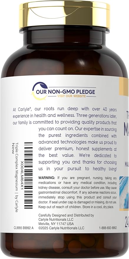 Carlyle Triple Magnesium Complex | 400 mg | 240 Capsules | Magnesium Malate, Glycinate & Citrate | Vegetarian, Non-GMO, and Gluten Free Supplement