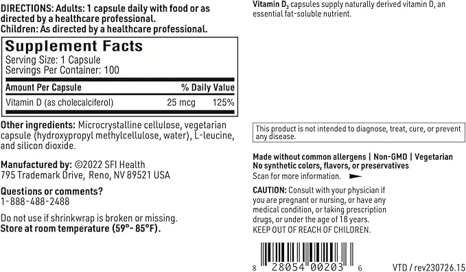 Klaire Labs Vitamin D3 1000 IU - High Potency 25 Micrograms, Hypoallergenic Bone & Immune Support (100 Capsules)