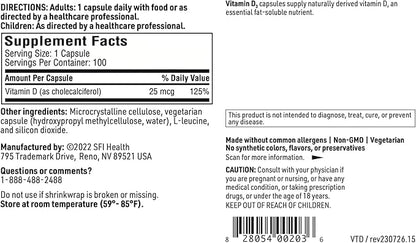 Klaire Labs Vitamin D3 1000 IU - High Potency 25 Micrograms, Hypoallergenic Bone & Immune Support (100 Capsules)