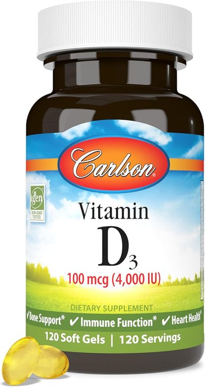 Carlson - Vitamin D3, 4000 IU (100 mcg), Vitamin D Supplements, Bone & Immune Health, Cholecalciferol Supplement, Gluten Free Vitamin D Capsules, 120 Softgels