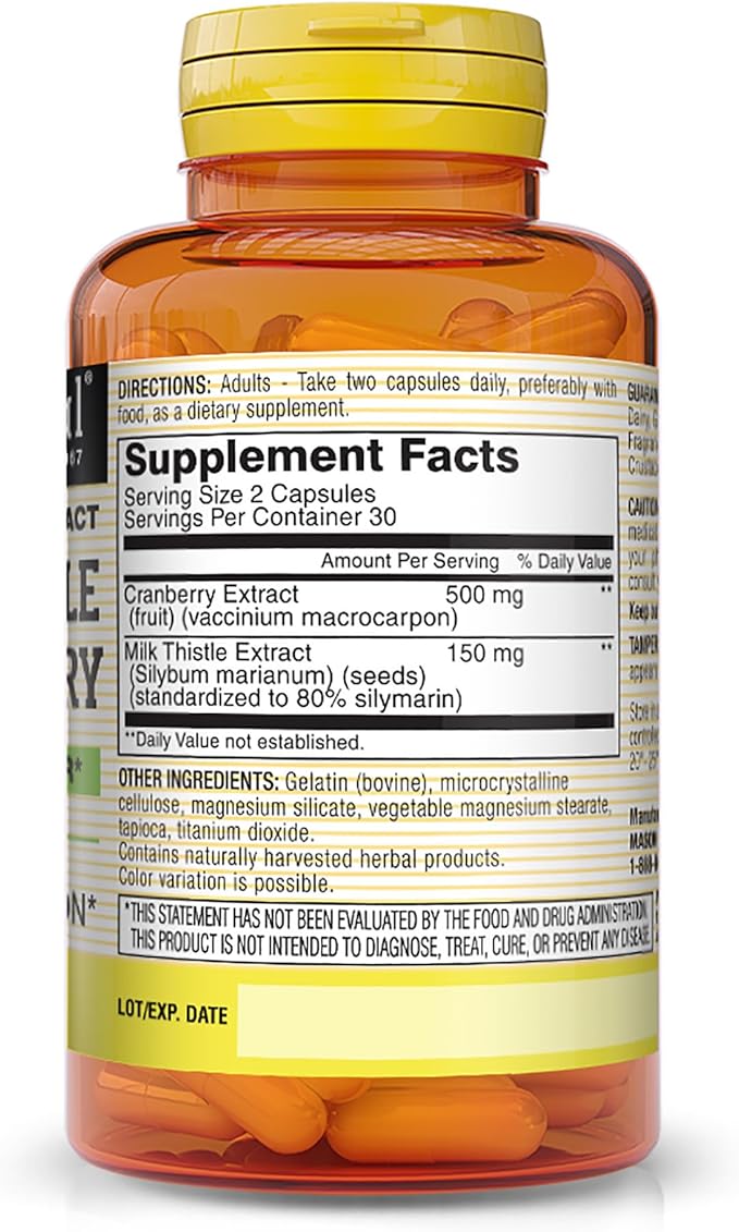 MASON NATURAL Milk Thistle/Cranberry Liver & Kidney Cleanser - Supports Healthy Liver & Kidney Function, Cleanse and Detox, 60 Capsules