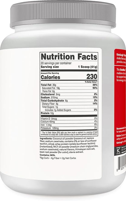 KetoLogic Keto Meal Replacement Shake Powder For Optimal Results + MCT Oil + Grass-Fed Whey - Perfectly Formulated Macros for Ketosis - 20 Servings - Strawberry