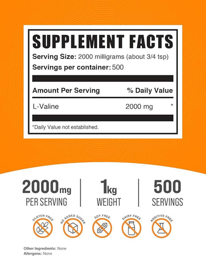 BulkSupplements.com L-Valine Powder - Valine Supplement, BCAA Supplement, Amino Acid Powder - Unflavored & Gluten Free, 2g per Serving, 1kg (2.2 lbs) (Pack of 1)