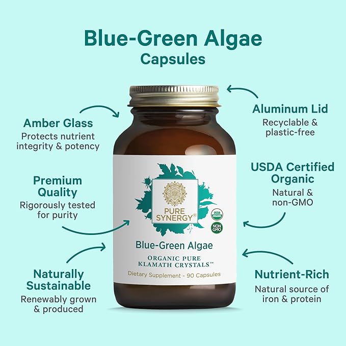 PURE SYNERGY Blue-Green Algae Capsules | Superfood with Chlorophyll | Organic Superfood Supplement from AFA Blue Green Algae | Supports Energy, Mental Clarity, and Detoxification (90 Capsules)