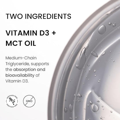 Liquid Vitamin D3 Drops 5000 IU – High Absorption for Immune & Bone Support – Tasteless, Non-GMO, Adjustable Dosing – 2 Ingredients (Vitamin D + Organic MCT Oil) – 2 oz (60 Servings)
