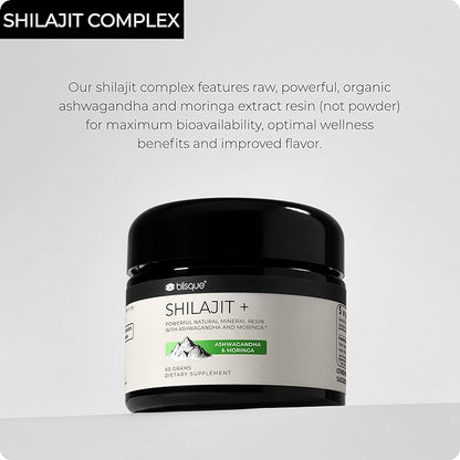 Blisque - Pure Himalayan Organic Shilajit Resin Supplement | with Organic Ashwagandha and Moringa | Authentic and Natural | Golden Grade A | Contains Fulvic Acid and Trace Minerals | 60 Grams