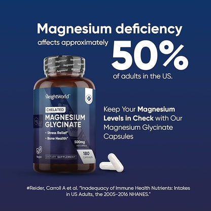 WeightWorld Chelated Magnesium Glycinate Capsules 500mg - 180 Capsules (6 Months Supply) - Magnesium Supplement High Absorption - Vegan & Gluten-Free Magnesium Pills