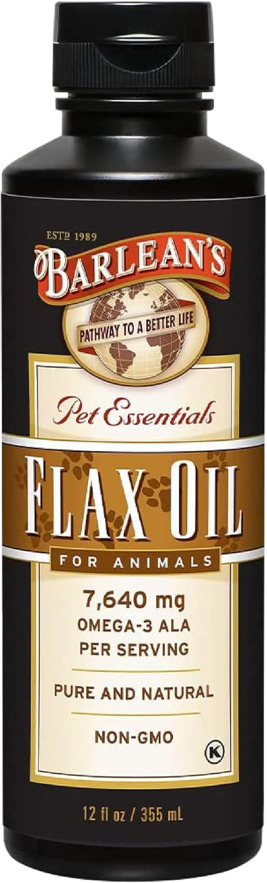 Barlean's Flaxseed Oil for Animals, Pet Essential Liquid Omega 3 Fatty Acids Cat and Dog Oil Supplements for Skin and Coat, Omega 3 for Dogs, Cats and Other Pets, 12 oz