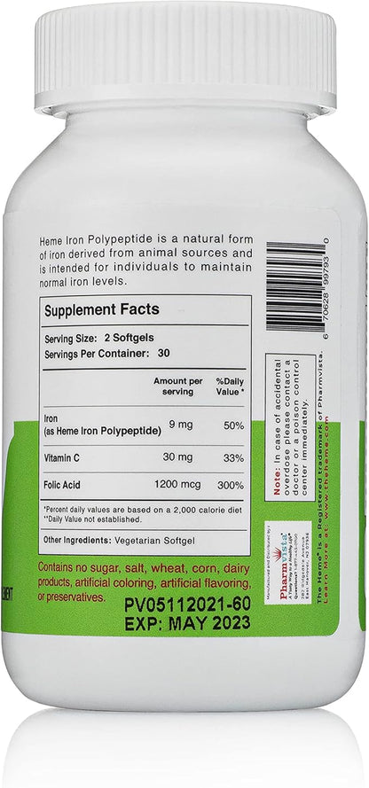 Heme Iron Polypeptide Softgels - with Vitamin C & Folic Acid - Gluten Free, Non-GMO - 60 Count