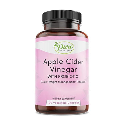 Pure By Nature Apple Cider Vinegar + Probiotic for Women & Men, Raw Apple Cider Vinegar Pills for Weight Management Support & Cleanse Support (120 Capsules)