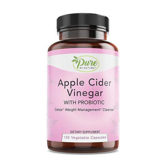 Pure By Nature Apple Cider Vinegar + Probiotic for Women & Men, Raw Apple Cider Vinegar Pills for Weight Management Support & Cleanse Support (120 Capsules)