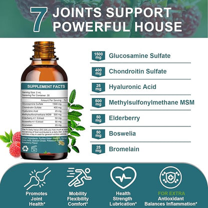 Glucosamine Chondroitin MSM Liquid Drops-w/Elderberry, Boswelia &Hyaluronic Acid-Extra Strength Joint Support Supplement for Mobility, Flexibility & Bones,High Absorption,60ml (2 fl oz)