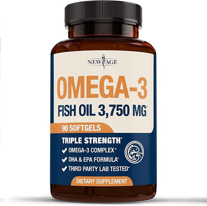 Triple Strength Omega 3 Fish Oil 3750 mg - EPA & DHA - Over 3000mg Omega-3 Fatty Acids - 1350mg EPA + 900mg DHA - Best Essential Fatty Acids, Burpless Fish Oil - 90 Count