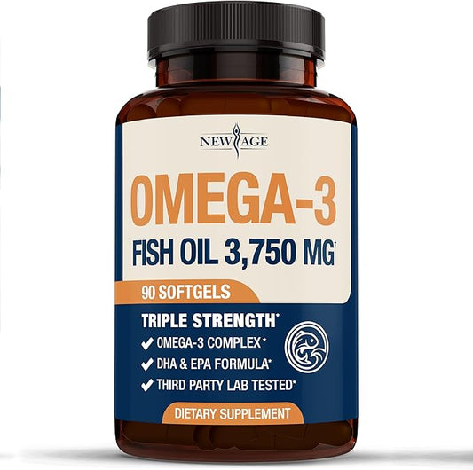 Triple Strength Omega 3 Fish Oil 3750 mg - EPA & DHA - Over 3000mg Omega-3 Fatty Acids - 1350mg EPA + 900mg DHA - Best Essential Fatty Acids, Burpless Fish Oil - 90 Count