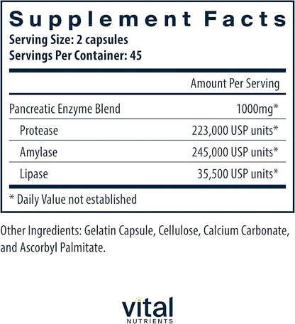 Vital Nutrients Pancreatic Enzymes 1000mg (Full Strength) | Pancreatin Digestion Supplement with Protease, Amylase & Lipase | Digestive Enzymes | Gluten, Dairy, and Soy Free | 90 Capsules
