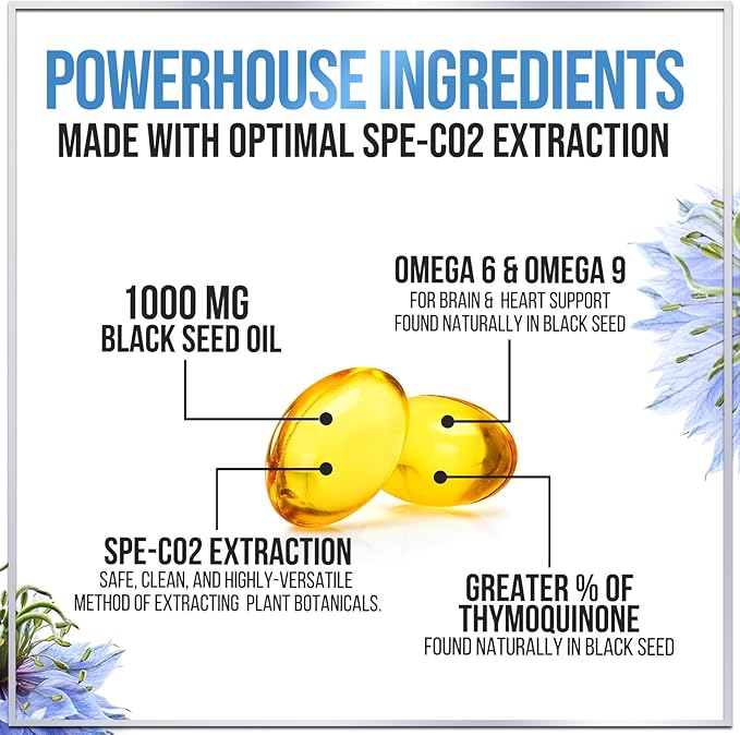 Premium Blackseed Oil 1000mg - Pure Nigella Sativa Black Seed with Thymoquinone (Non-GMO & Vegan) for Skin & Immune Support, Best Extraction Above Cold Pressed, Black Cumin Seed Oil - 120 Softgels