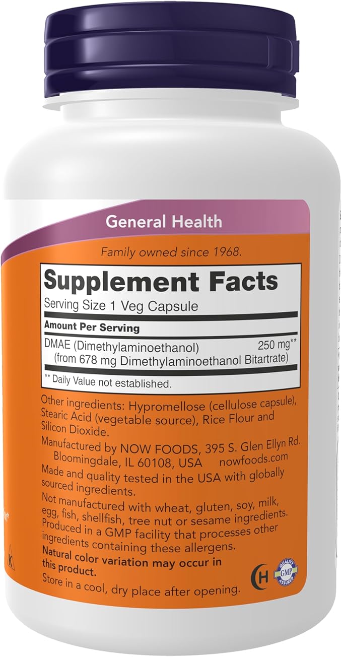 NOW Foods Supplements, DMAE (Dimethylaminoethanol) 250 mg, Healthy Brain Function*, 100 Veg Capsules