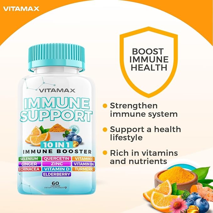10-in-1 Immune System Support Booster with Elderberry, D3, Selenium, Quercetin, Zinc, Vitamin C, Ginger, Turmeric Curcumin, B6, Echinacea – Natural Immune Defense – Made in USA (60 Count (Pack of 1))