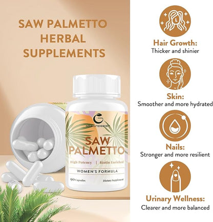 Saw Palmetto for Women Hair Loss - DHT Blocker with 5-in-1 Blend for Hair Growth, Skin & Nails, Urinary Wellness - Extra Strength Saw Palmetto Supplement - 180 Capsules