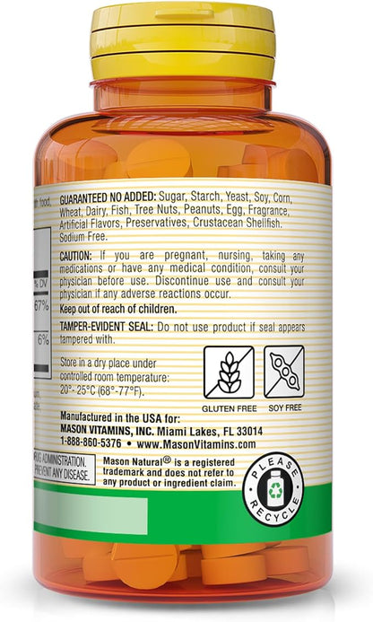 MASON NATURAL Vitamin B12 100 mcg with Calcium - Healthy Conversion of Food into Energy, Supports Nerve Function and Health, 100 Tablets