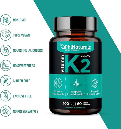 PhiNaturals Vitamin K2 Mk7 100 mcg Vegan 60 Capsules Bone Health Heart Cardiovascular Arteries - VIT k-2 MK-7 100mcg Supplement from Natto