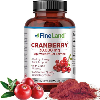 FineLand Cranberry Extract 60:1 (30,000mg Equivalent) - High Potency Urinary Tract Support - 100 Vegan Capsules, 3-Month Supply - Non-GMO, Gluten-Free, USA Made