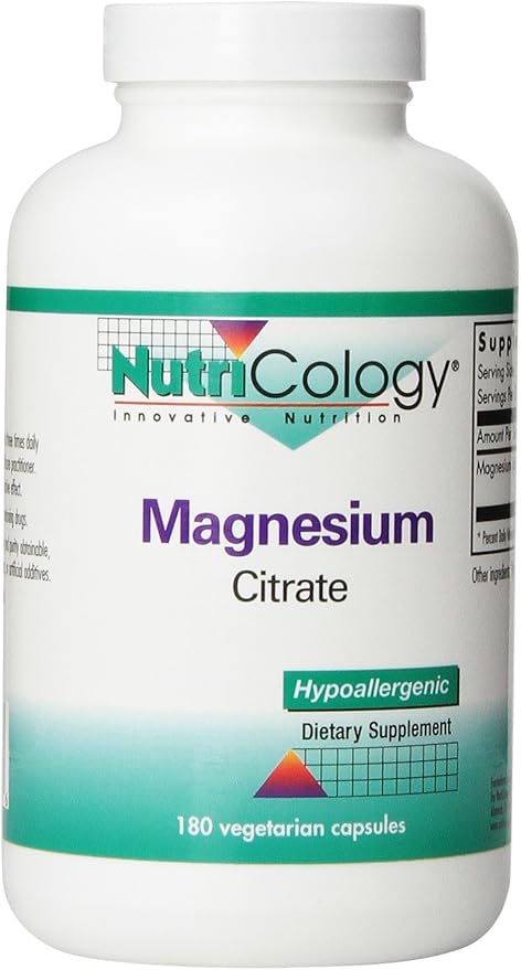 Nutricology Magnesium Citrate Dietary Supplement - Bone & Stress Support, Well-Absorbed, Hypoallergenic, Vegetarian Capsules, Gluten Free - 180 Count