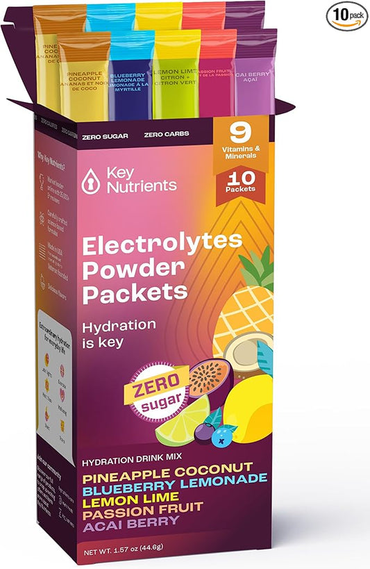 KEY NUTRIENTS Hydration Packets - 5 Delicious Flavors in Electrolytes Powder Packets No Sugar 10 Pack - No Calories, Gluten Free Electrolytes Powder Packets, Non GMO, Made in USA