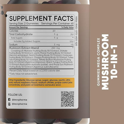 Lion's Mane Mushroom Gummies for Focus and Energy Boost 120x pcs 10-in-1 Mega Complex Lions Mane Supplement - Nootropic Superfood Mushroom Gummies for Adults Supplement 2 Months Supply