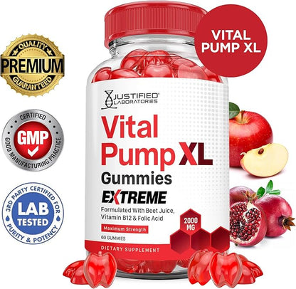 Justified Laboratories (5 Pack) Vital Pump XL Extreme 2000MG Performance Gummies Vital PumpXL Advanced Formula Formulated with Beet Juice ACV Pomegranate Powder B12 Vegan Non GMO 300 Gummys