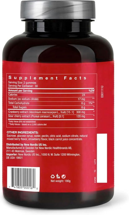 NEW NORDIC Cranberry Supplement Gummies for Women, Normal Urinary Tract & Bladder Support, Balance with Cran Berry & Sour Cherry, 60 Count