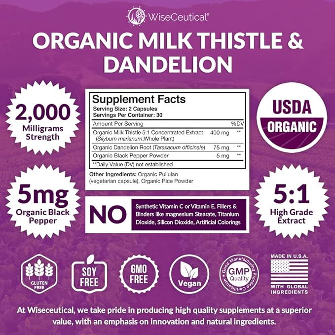 Max Absorption USDA Organic Milk Thistle Potent 5:1 Concentrated Extract (2000mg Strength) & Organic Dandelion Root | Silymarin Antioxidant Flavonoid | Liver Support Supplement (60 Count (Pack of 1))