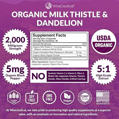 Max Absorption USDA Organic Milk Thistle Potent 5:1 Concentrated Extract (2000mg Strength) & Organic Dandelion Root | Silymarin Antioxidant Flavonoid | Liver Support Supplement (60 Count (Pack of 3))