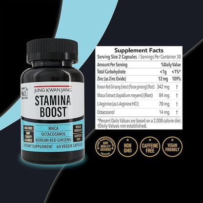JungKwanJang Men's Stamina Boost with Korean Red Ginseng, Maca, and Octacosanol for Men's Health and Energy Supplement, 60 Capsules