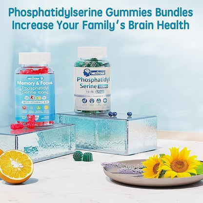 Phosphatidylserine Supplement 100mg, Focus Gummies for Kids Teens + Vitamin C & D3 400IU, Sugar Free Kids Brain Gummies Increase Attention & Concentration, Chewable, Vegan, Gluten Free, Non-GMO 2 Pack
