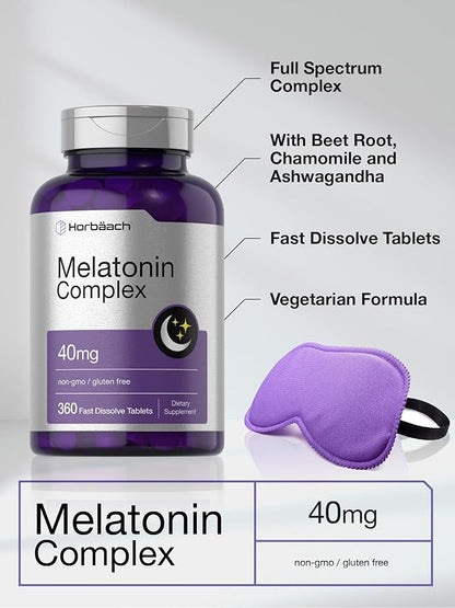Horbäach Melatonin 40mg Complex | 360 Fast Dissolve Tablets | Adult Extra Strength Supplement | with Chamomile and Ashwagandha | Vegetarian, Non-GMO, Gluten Free