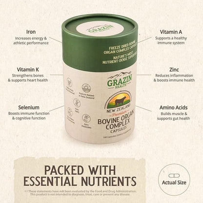 Grass Fed Bovine Organ Complex: Liver, Spleen, Kidney, Heart, Pancreas (600 Mg per Organ per Capsule), 3000 Mg per Serving (30 Servings)