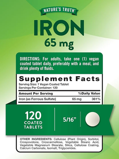 Nature's Truth Iron Supplement | 65mg | 120 Tablets | 325mg Ferrous Sulfate | Non-GMO & Gluten Free Pills