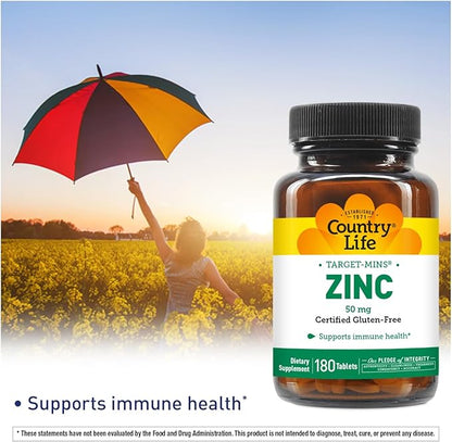 Country Life Target-Mins Zinc 50 mg 180 Tablets - Zinc Supplements for Immune Health - Zinc 50mg - Zinc Support