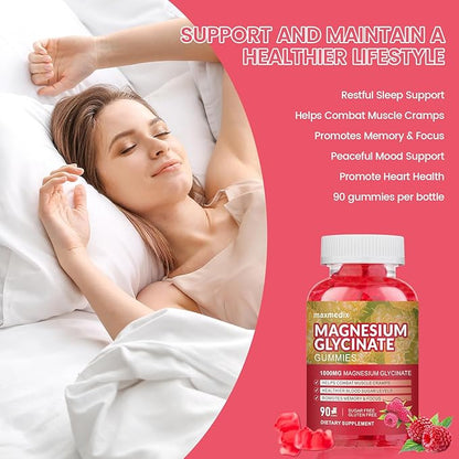 Magnesium Gummies 1000mg -Magnesium Glycinate Supplement and Magnesium L-Threonate Gummy,Sugar Free Magnesium Potassium Supplement for Calm Mood, Muscle, Bone & Sleep Support 90 Raspberry Gummies
