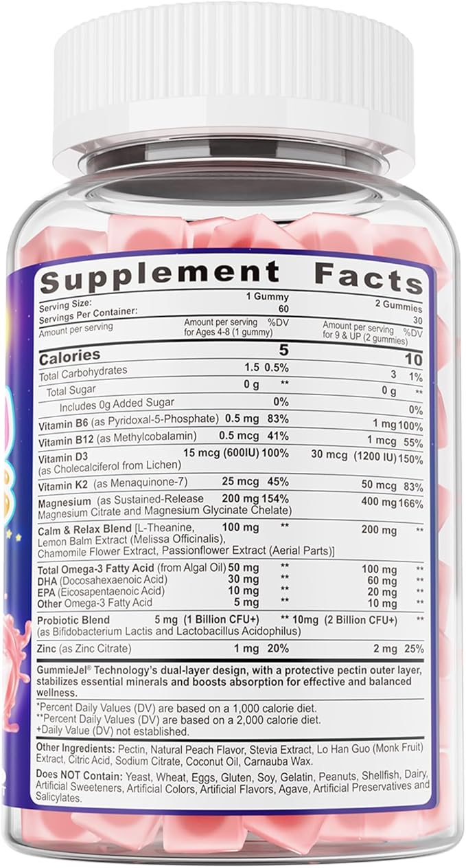 Magnesium Glycinate Gummies for Kids 4+ & Magnesium Citrate, Melatonin Free-Kids Magnesium Supplement w/L-Theanine, Omega 3, D3 K2, B6 B12, for Zzz, Relaxation, Muscle, Brain & Gut, Sugar Free 60 Cts