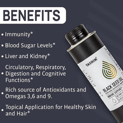 100% Ethiopian BlackSeed Oil 8.45 Oz - Cold Pressed Black Seed Oil for Immune Support, High Potency 5.7% - 21% Thymoquinone Skin, Hair & Overll Health - Unrefined Black Cumin Seed Oil - Gluten Free