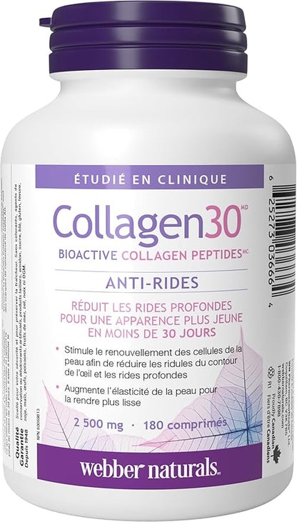 Webber Naturals Collagen30 Anti-Wrinkle, 2,500mg of Bioactive Collagen Peptides Per Serving, 180 Tablets, Helps Reduce Deep Wrinkles, Fine Lines & Stimulates Skin Cells, Non GMO, Dairy & Gluten Free