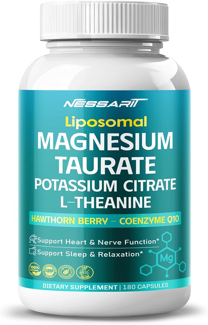 Magnesium Taurate, Potassium, L-Theanine, Hawthorn Berry & CoQ10 – Support Heart, Nerve & Sleep Health – 180 Capsules – Made in USA