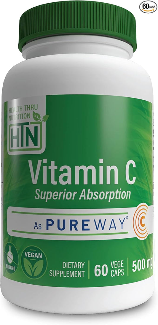 Health Thru Nutrition Vitamin-C 500mg as PureWay-C 60 Vegecaps Superior Absorption | Healthy Immune Function and Collagen Support | 3rd Party Tested | Vegan, Non-GMO and Gluten Free