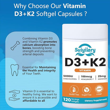 Vitamin D3 K2 Supplement with Vitamin D3 5000 IU, 100 mcg Vitamin K2, Plant Based 2-1 Formula for Bone, Teeth, Muscle and Immune Health Support,120 Softgel Capsules