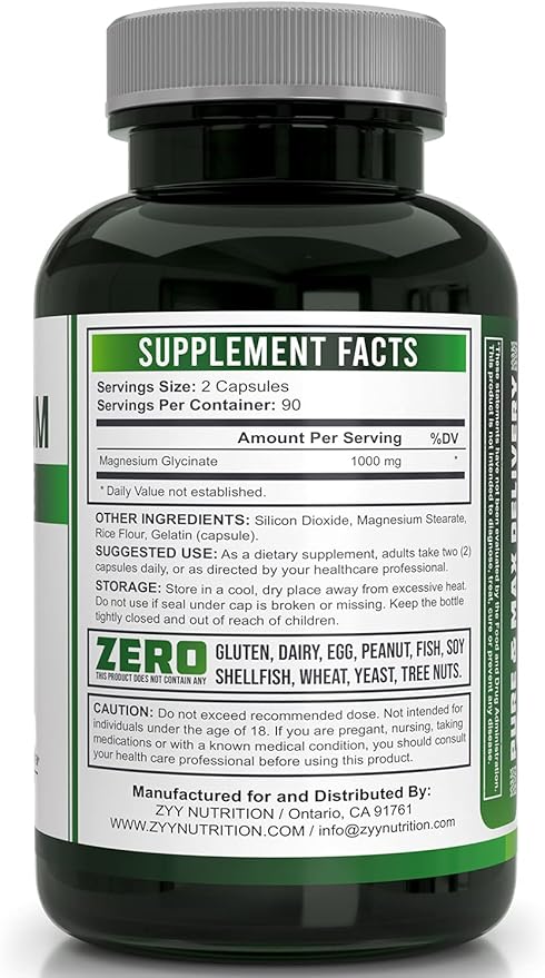 ZYY Pure Magnesium Glycinate Capsules 1000mg Maximum Strength, Chelated for High Absorption Magnesium Supplement for Sleep, Muscle, Brain, Bone and Heart Health, 3rd Party Tested, 180 Capsules