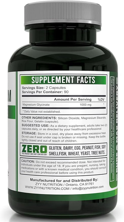 ZYY Pure Magnesium Glycinate Capsules 1000mg Maximum Strength, Chelated for High Absorption Magnesium Supplement for Sleep, Muscle, Brain, Bone and Heart Health, 3rd Party Tested, 180 Capsules