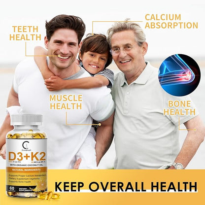 Vitamin D3 K2 Supplement with Vitamin D3 5000 IU, 200 mcg Vitamin K2 MK-7 & Natural Coconut Oil, Plant Based 2-1 Formula for Bone, Teeth, Muscle and Immune Health Support (60 Count (Pack of 1))